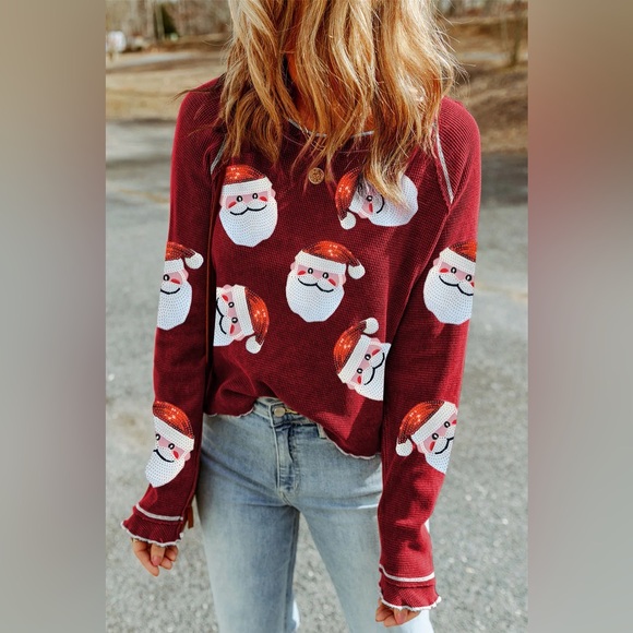 Tops - Sequin Santa Round Neck Long Sleeve Blouse